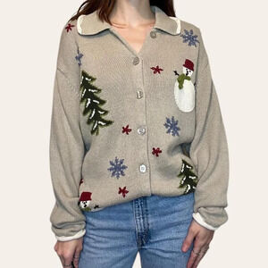 90s/2000s Vintage Knit Snowman Christmas Winter Cardigan Cherokee XXL/2X
